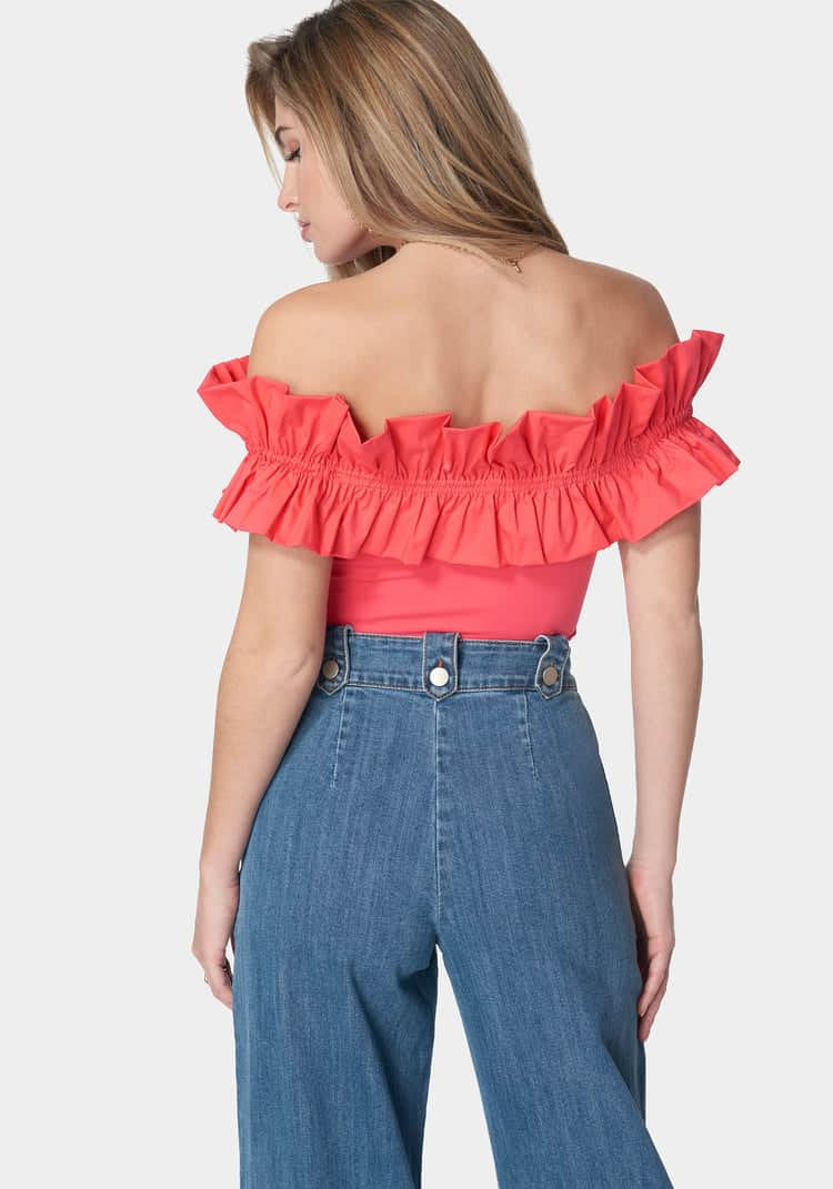 Off Shoulder Poplin Ruffle Knit Bodysuit_107938_Hibiscus_02