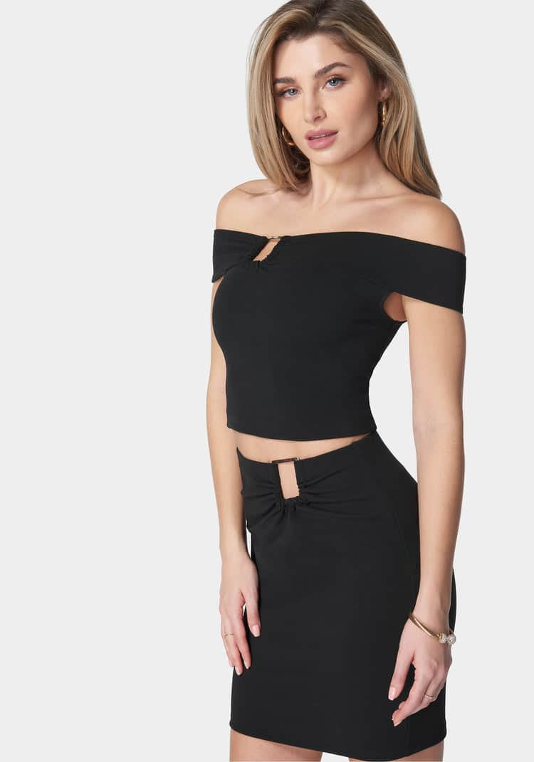 Off Shoulder Metal Trim Top And Skirt_107957_Black_02