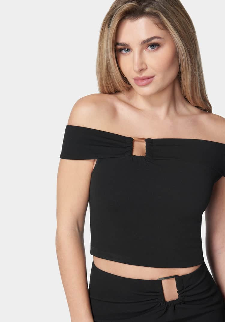 Off Shoulder Metal Trim Top And Skirt_107957_Black_04