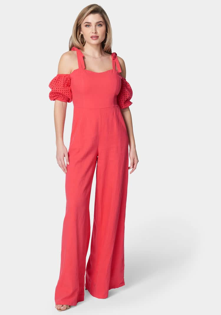 Embroidered Cotton Puff Sleeve Full Wide Leg Jumpsuit_107965_Hibiscus_01