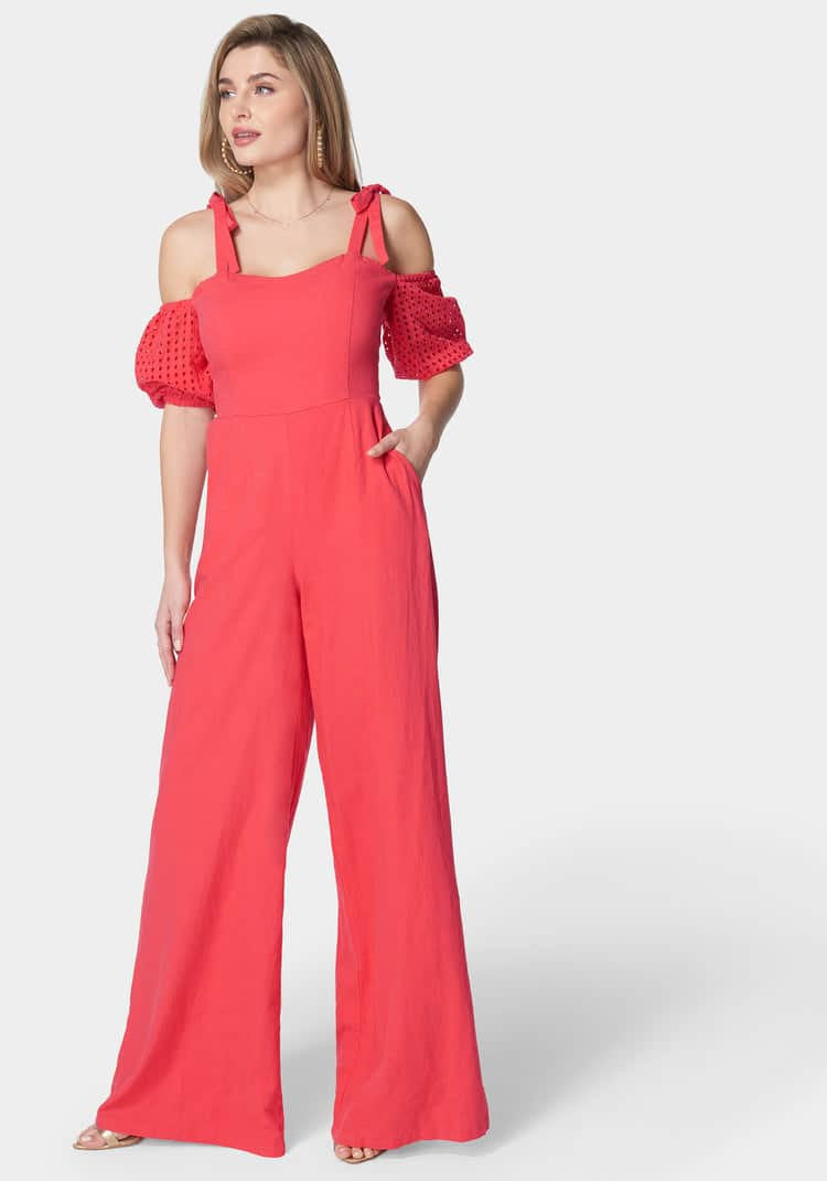 Embroidered Cotton Puff Sleeve Full Wide Leg Jumpsuit_107965_Hibiscus_02