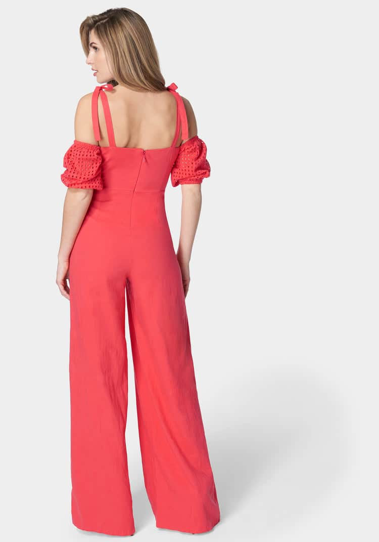 Embroidered Cotton Puff Sleeve Full Wide Leg Jumpsuit_107965_Hibiscus_03