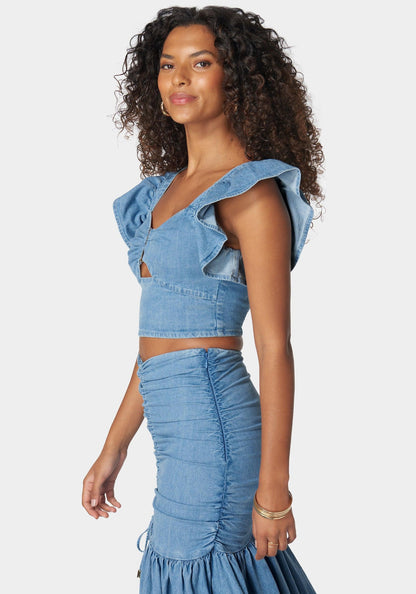 Front Keyhole Ruffle Sleeve Denim Top_108042_Light Blue Wash_02