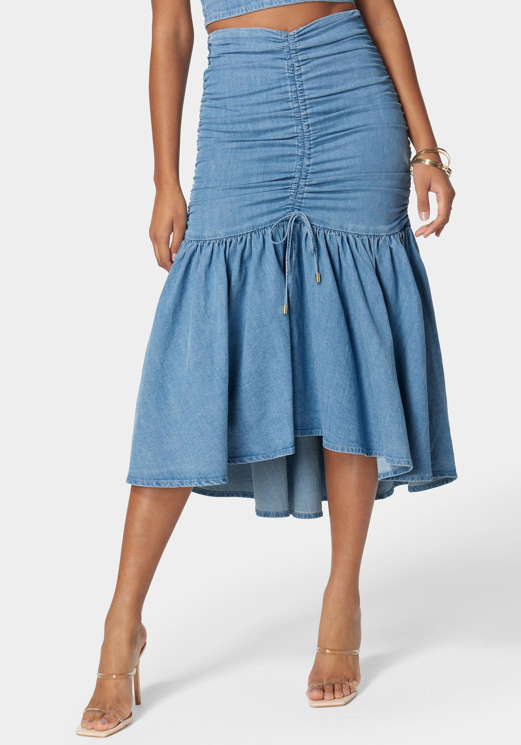 Ruched Drawcord Hi Lo Flared Hem Denim Skirt_108043_Light Blue Wash_01