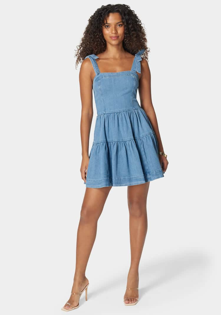 Bow Detail Fit And Flare Denim Dress_108046_Light Blue Wash_01
