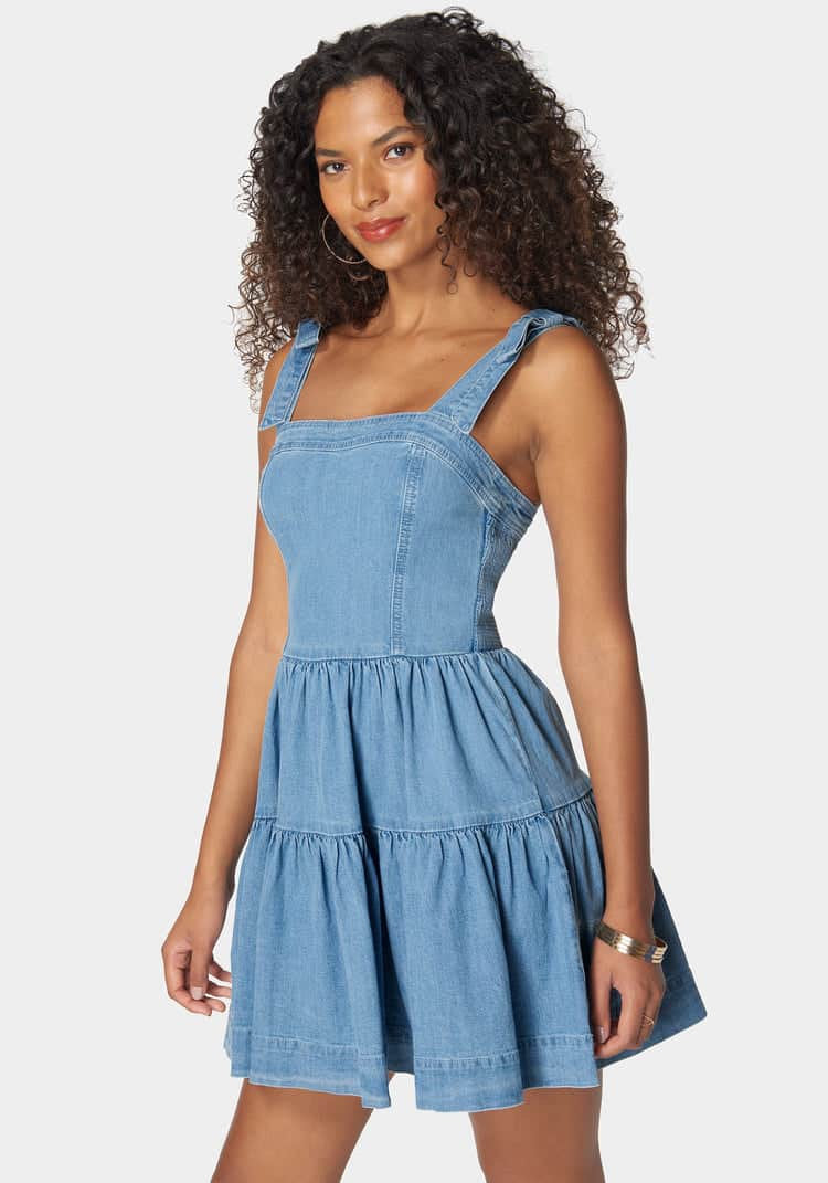 Bow Detail Fit And Flare Denim Dress_108046_Light Blue Wash_02