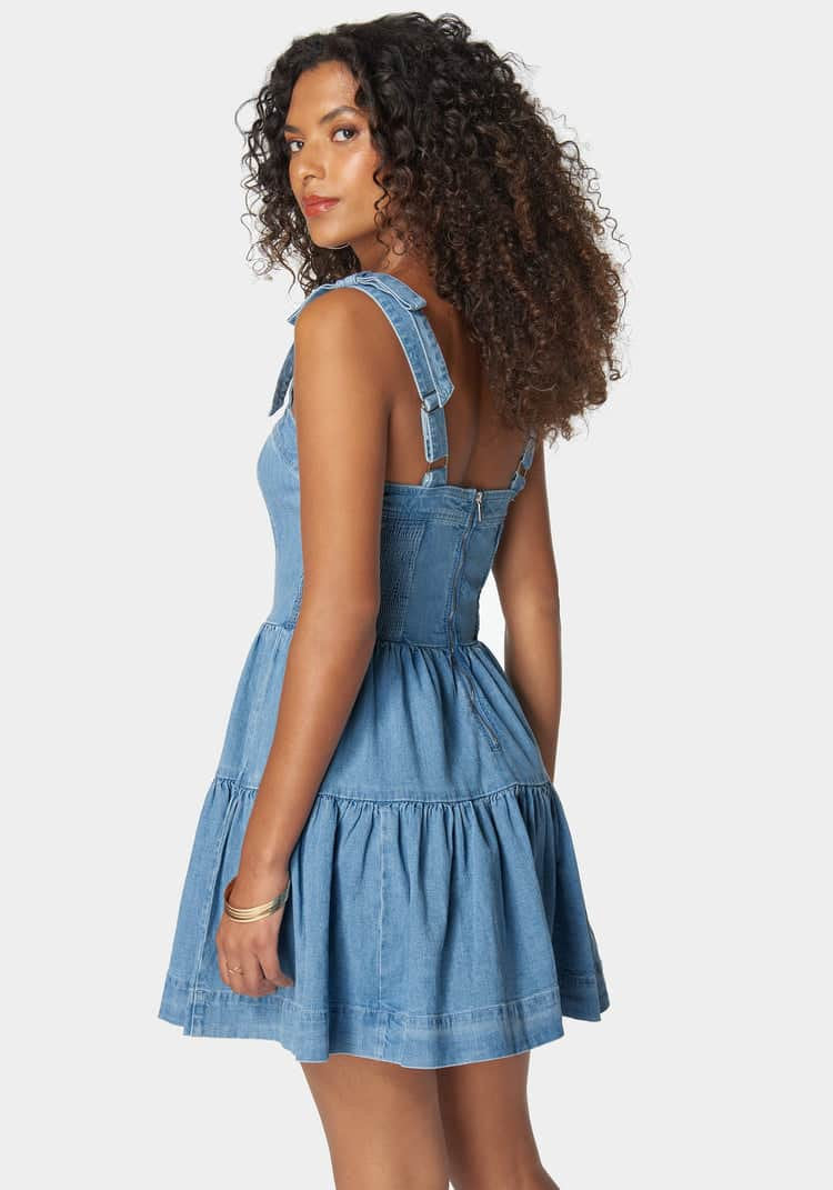 Bow Detail Fit And Flare Denim Dress_108046_Light Blue Wash_03