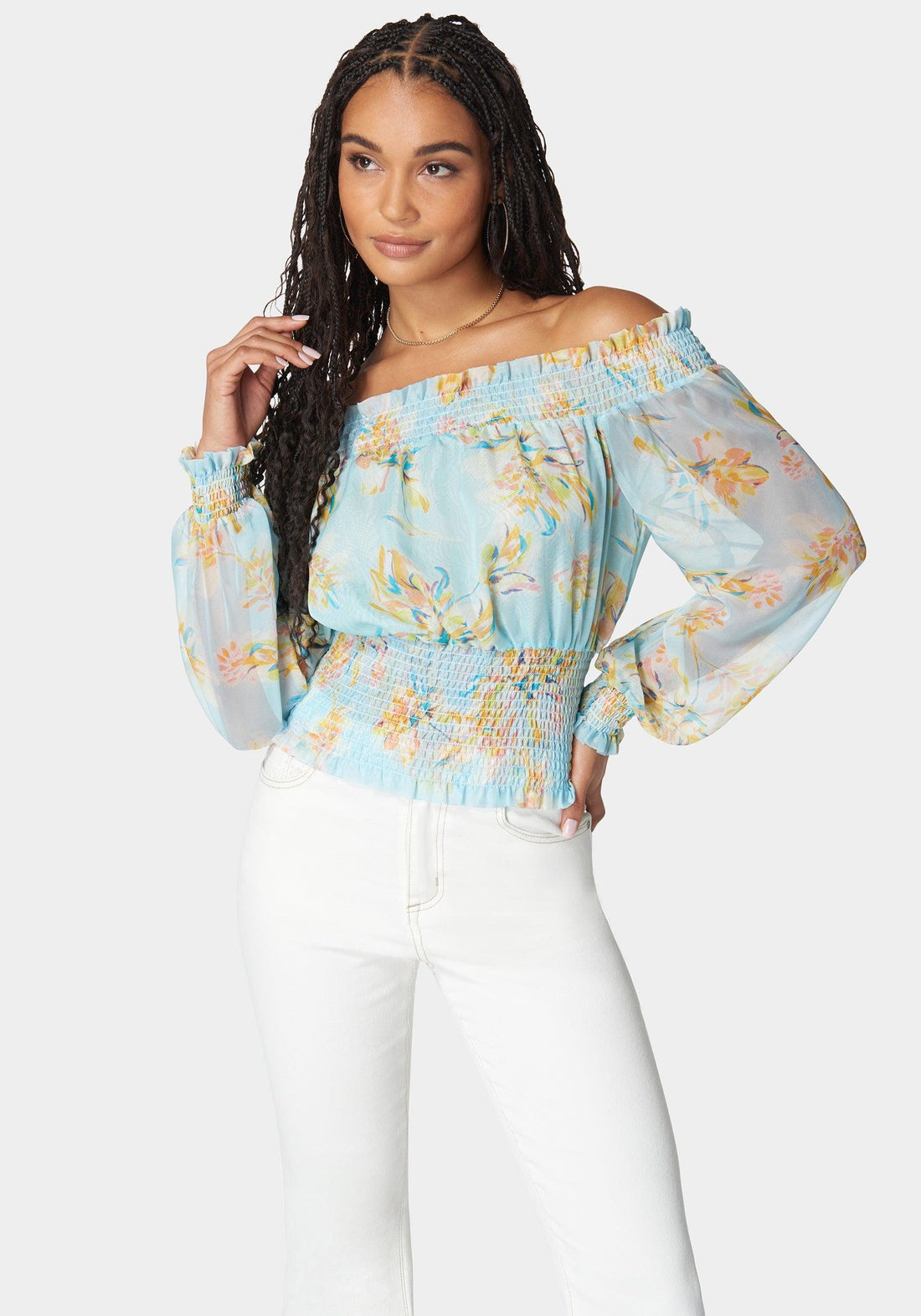 Off Shoulder Smocked Chiffon Blouse_108080_Bali Blooms Print_01