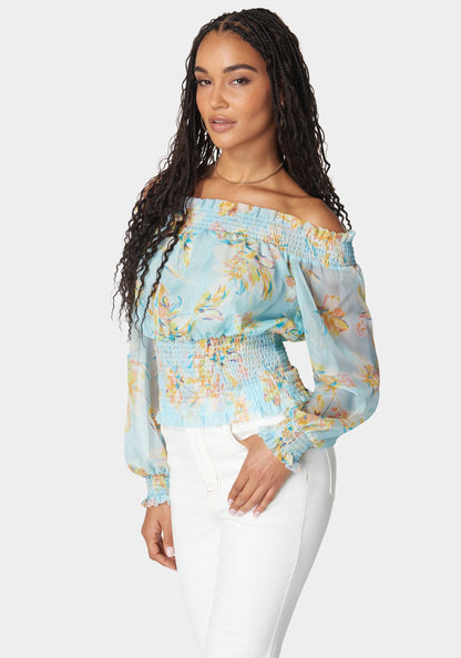 Off Shoulder Smocked Chiffon Blouse_108080_Bali Blooms Print_02