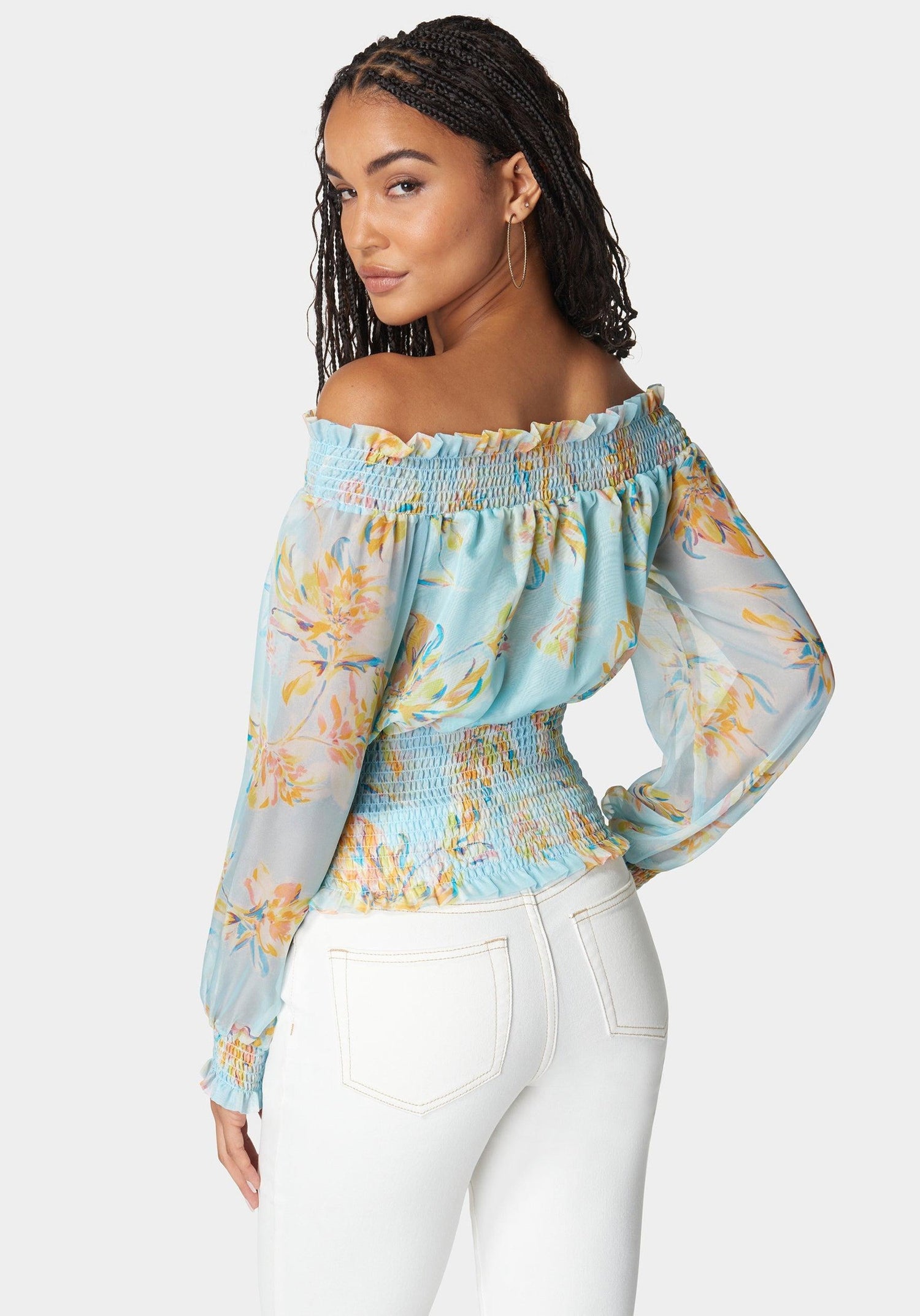 Off Shoulder Smocked Chiffon Blouse_108080_Bali Blooms Print_03