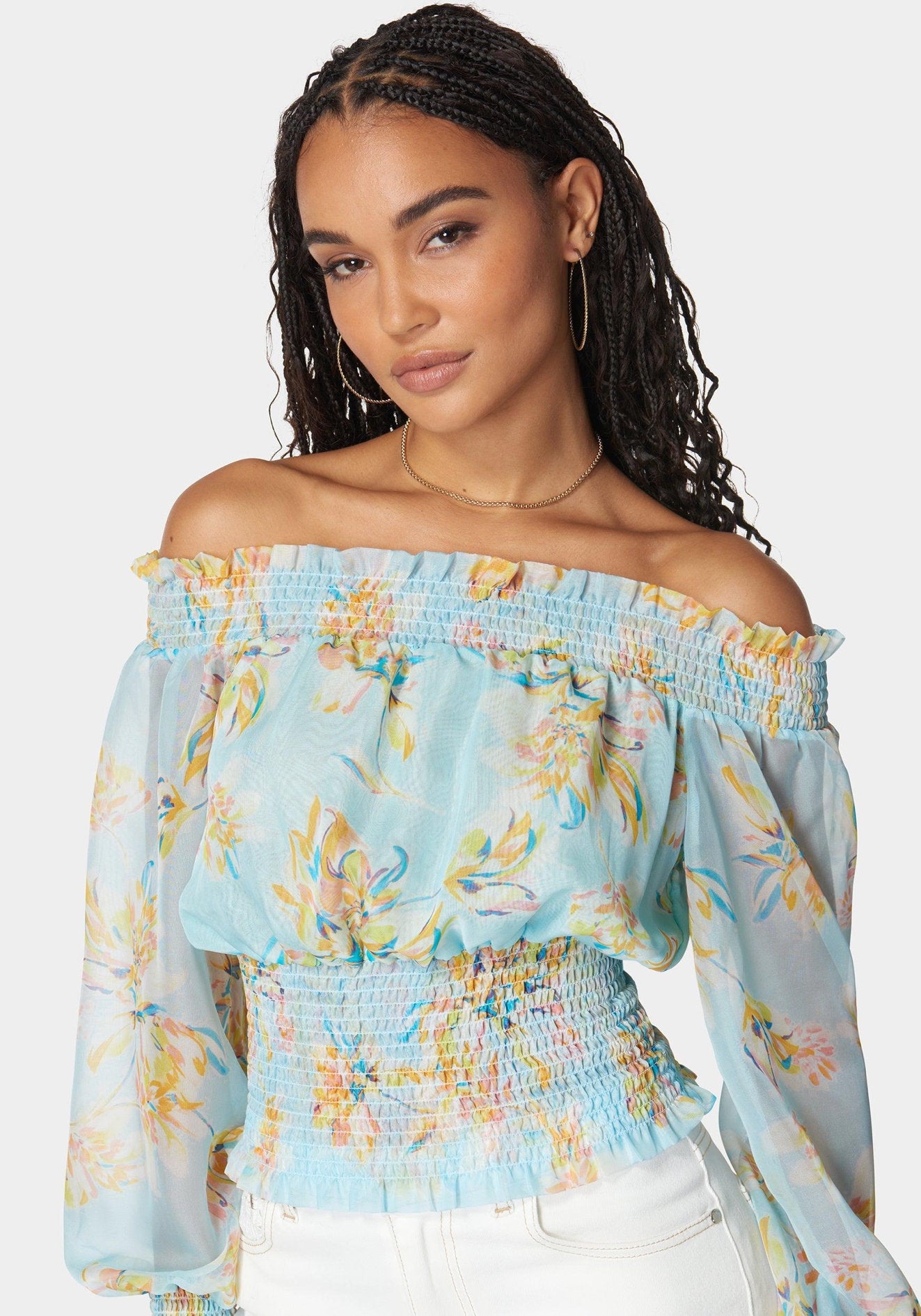 Off Shoulder Smocked Chiffon Blouse_108080_Bali Blooms Print_04