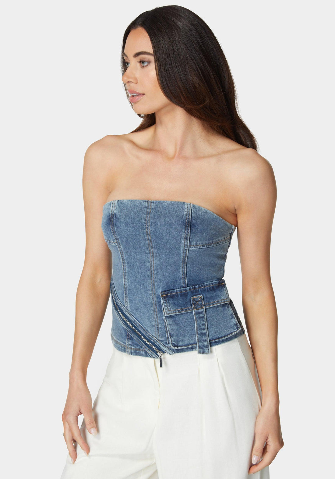 Zipper And Cargo Detail Denim Top_108094_Medium Blue Wash_02