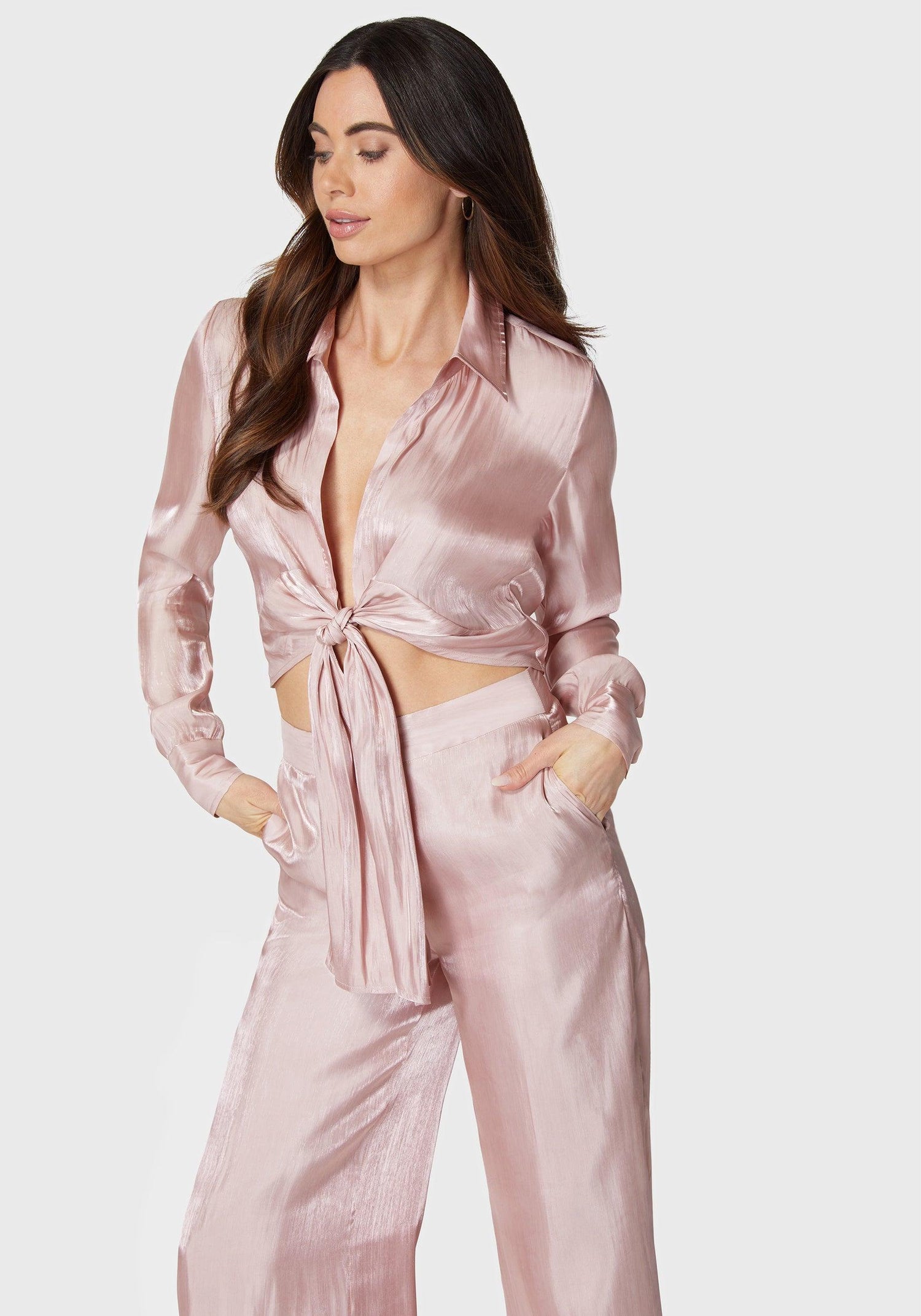 Iridescent Satin Tie Front Collared Blouse_108210_Rose Champagne_02