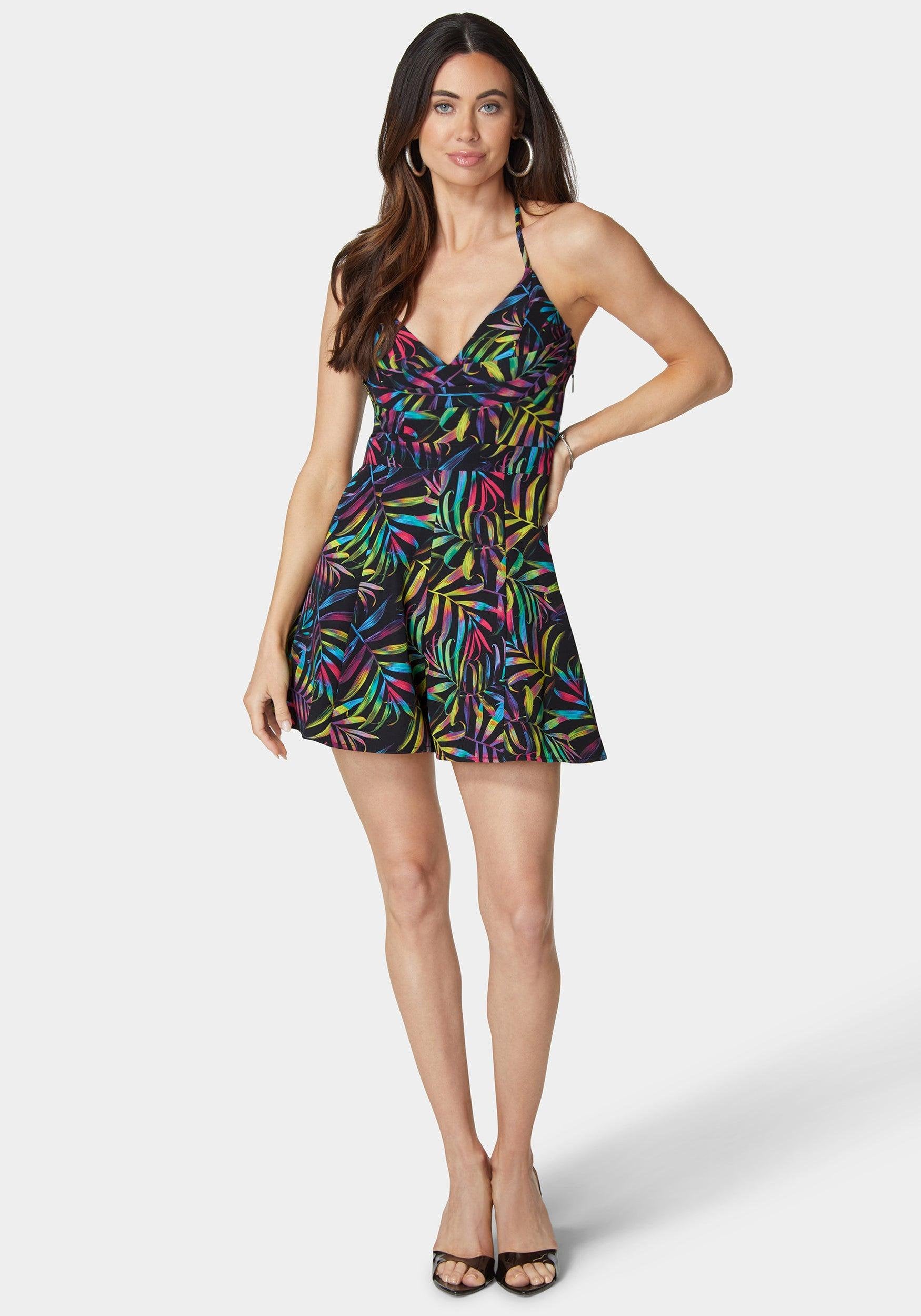 Cowl Neck Lace Up Back Flowy Romper_108220_Neon Palm Print_01