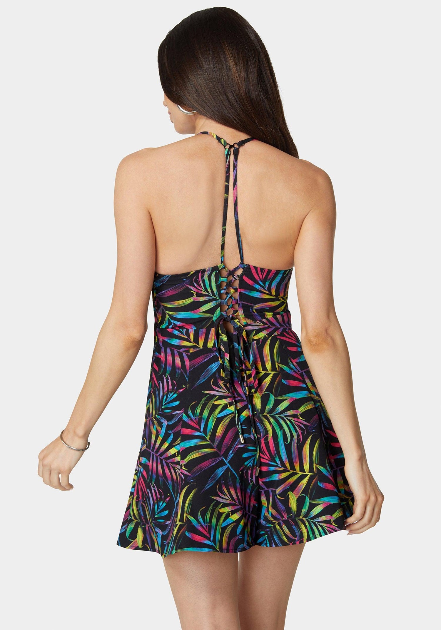 Cowl Neck Lace Up Back Flowy Romper_108220_Neon Palm Print_03