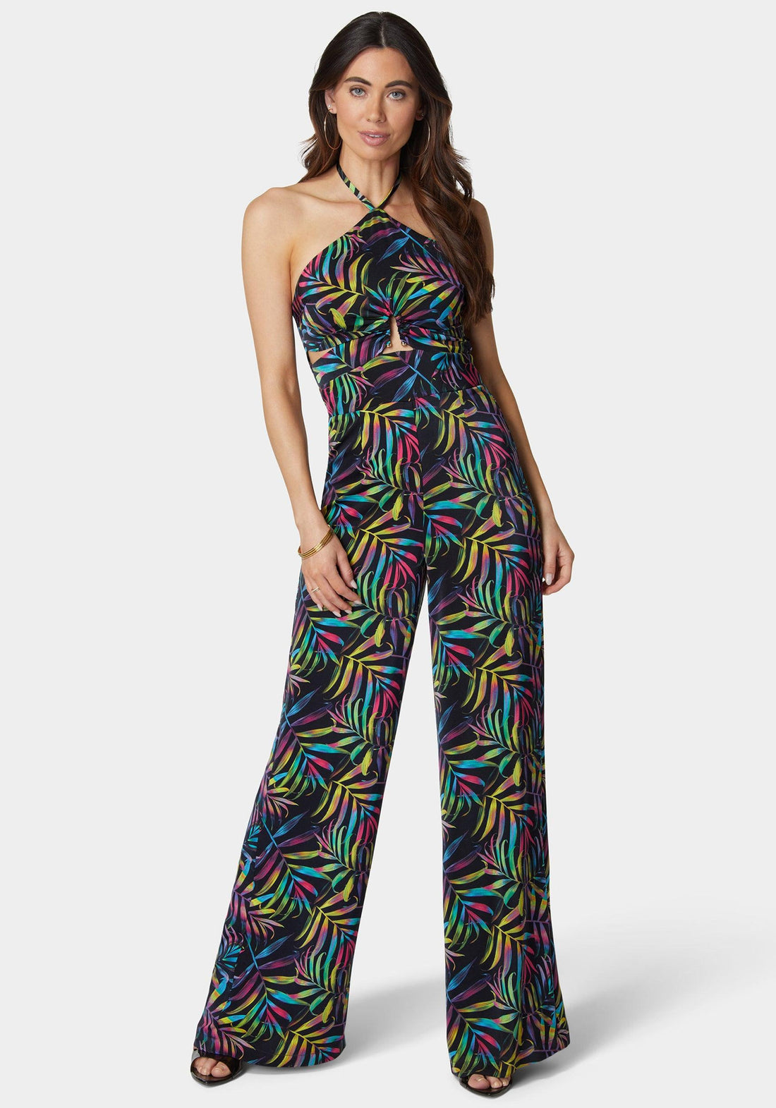 Halter Front Cut Out Ultra Wide Leg Jumpsuit_108222_Neon Palm Print_01