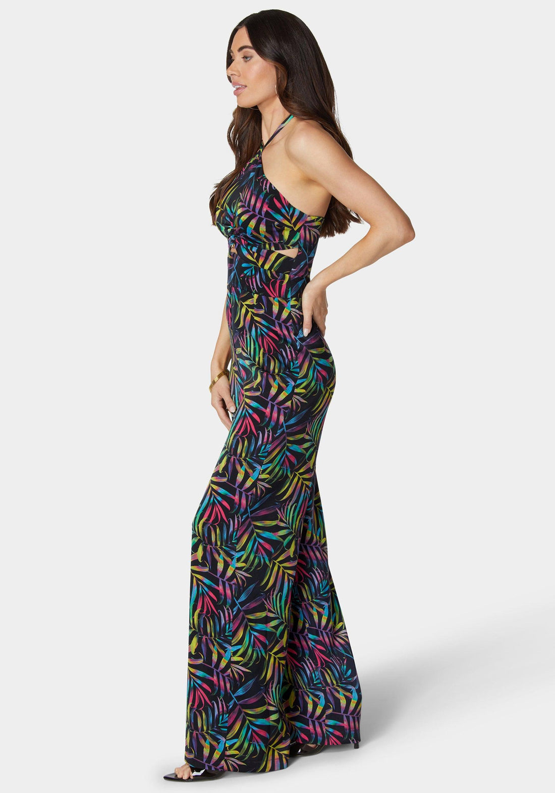 Halter Front Cut Out Ultra Wide Leg Jumpsuit_108222_Neon Palm Print_02