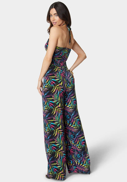 Halter Front Cut Out Ultra Wide Leg Jumpsuit_108222_Neon Palm Print_03