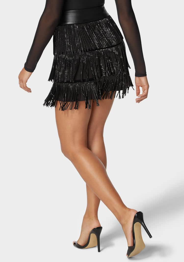 Suede Fringe Combo Vegan Leather  Studded Skirt_03