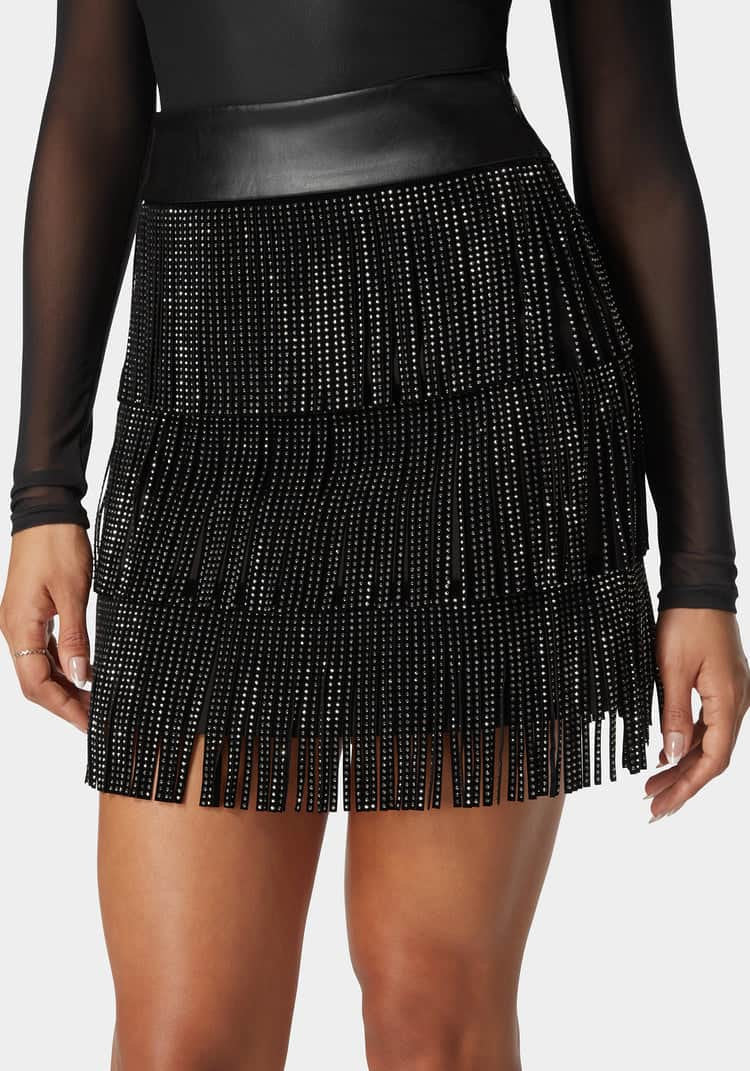 Suede Fringe Combo Vegan Leather  Studded Skirt_04