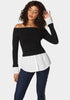 Poplin Combo Fold Over Off Shoulder Sweater Top_01