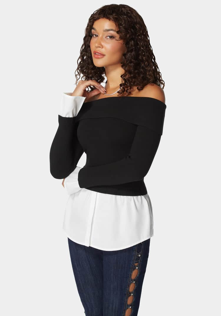 Poplin Combo Fold Over Off Shoulder Sweater Top_02