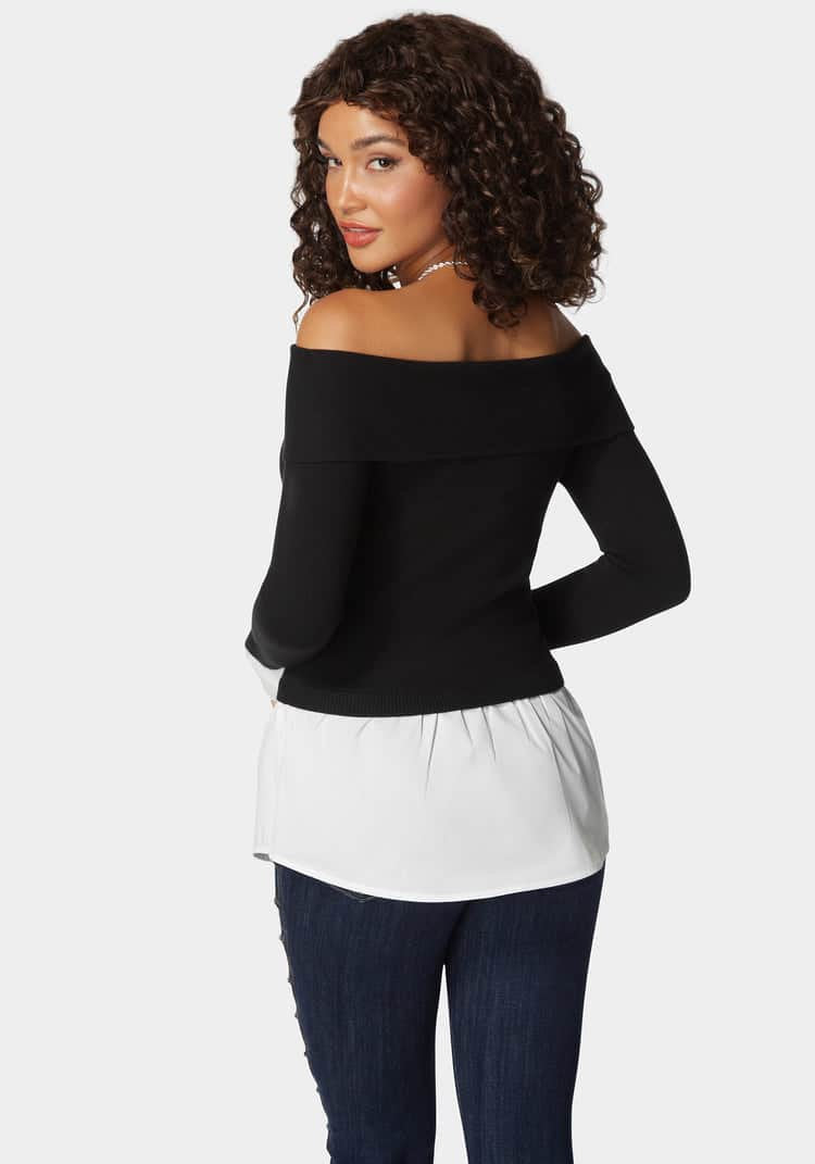 Poplin Combo Fold Over Off Shoulder Sweater Top_03