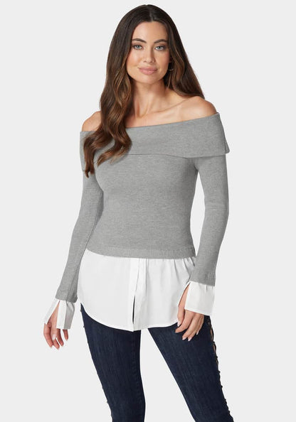 Poplin Combo Fold Over Off Shoulder Sweater Top_01