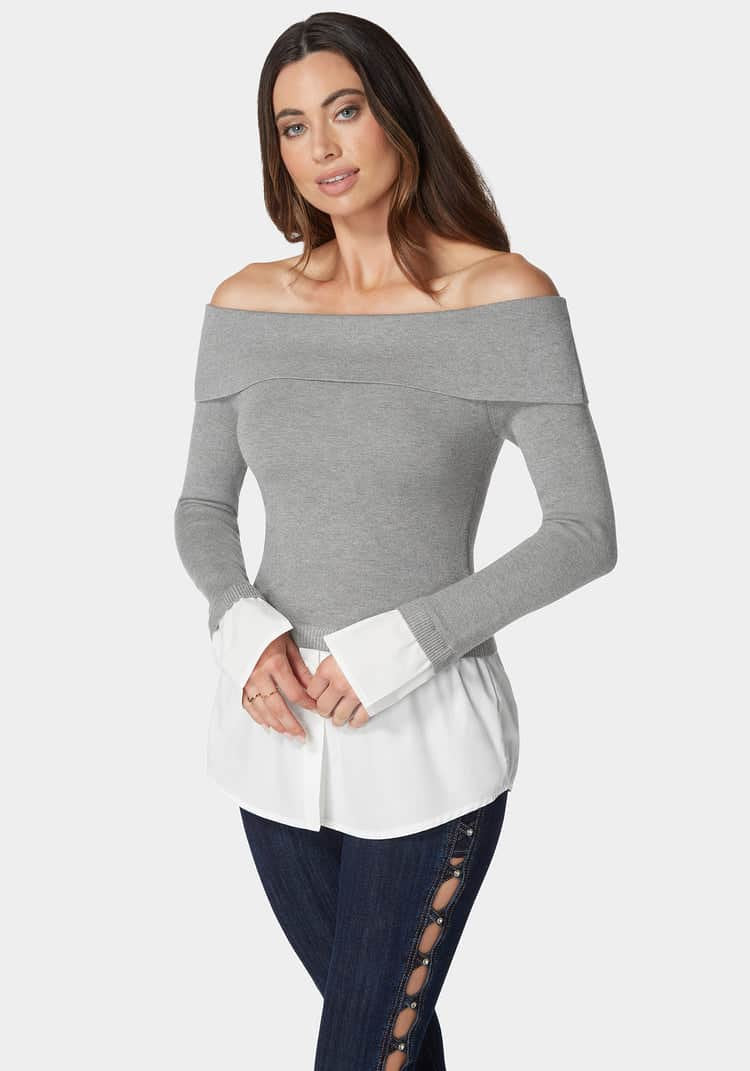 Poplin Combo Fold Over Off Shoulder Sweater Top_02