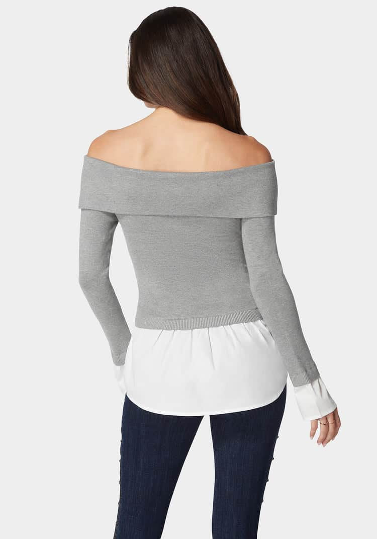 Poplin Combo Fold Over Off Shoulder Sweater Top_03