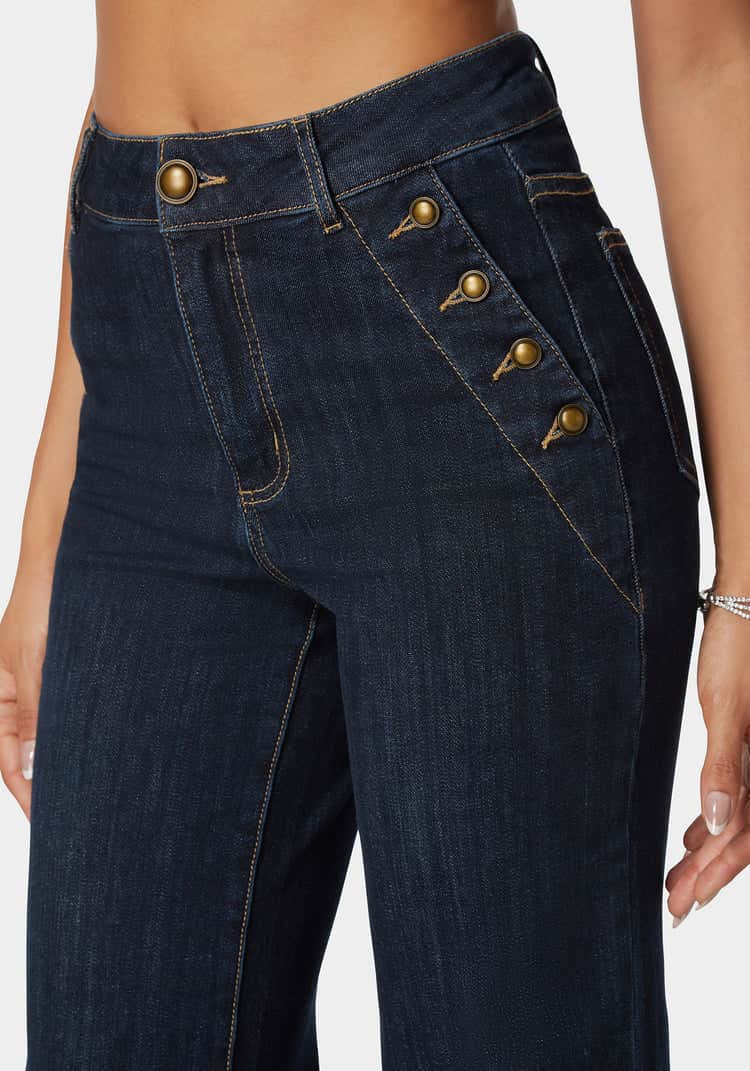 High Waist Button Detail Flared Leg Jeans_04