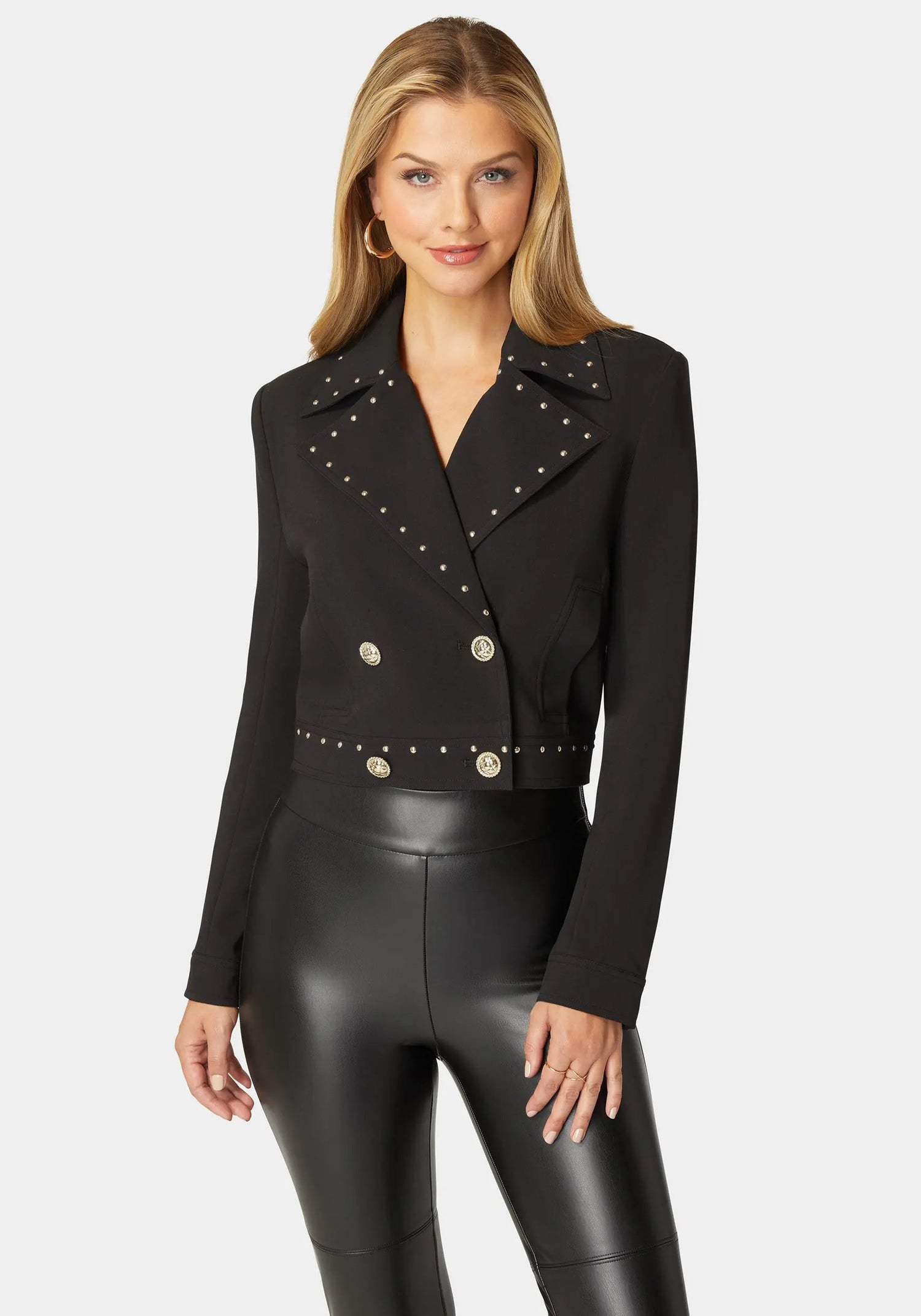 Woven Twill Studded Double Breast Jacket_108486_BLACK_01