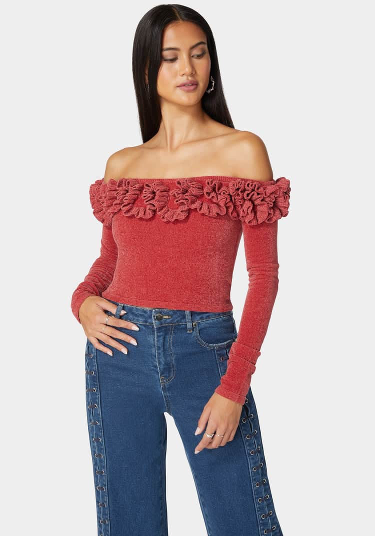 Off Shoulder Ruffle Detail Sweater_01