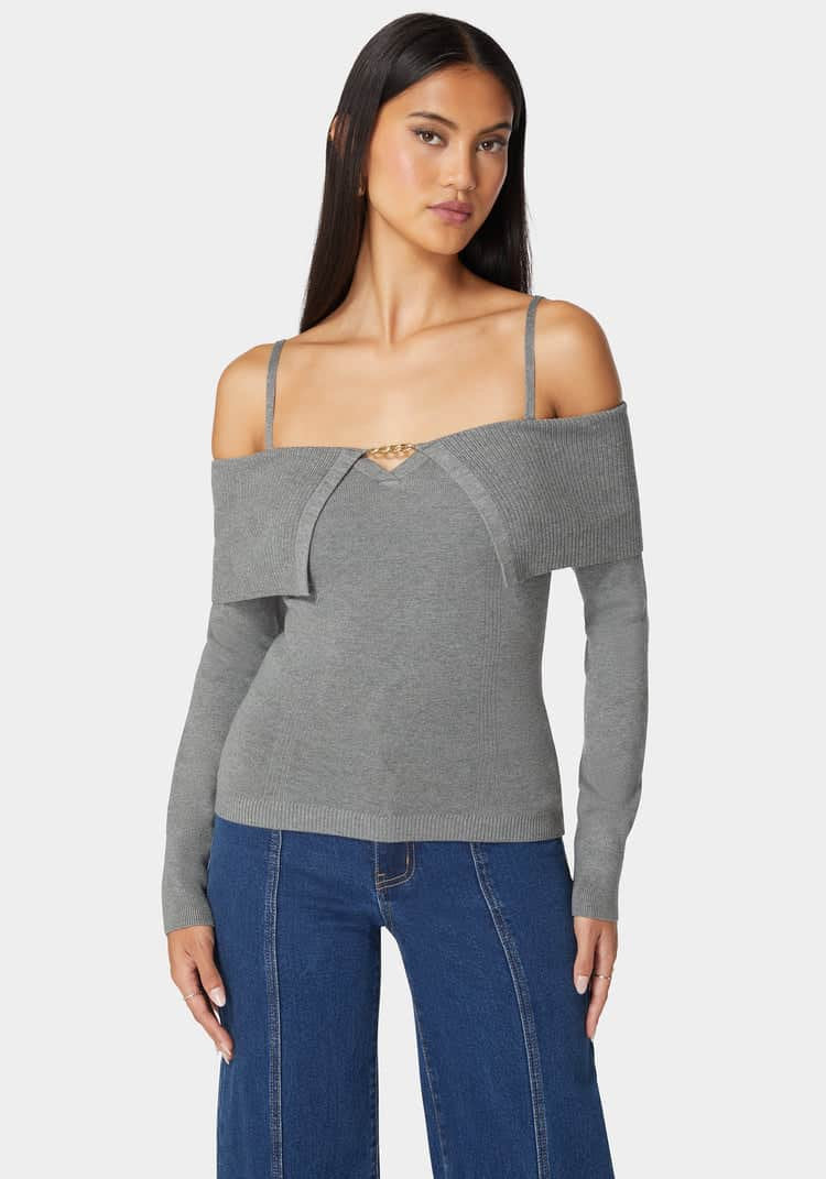 Off Shoulder Fold Over Chain Detail Sweater_01