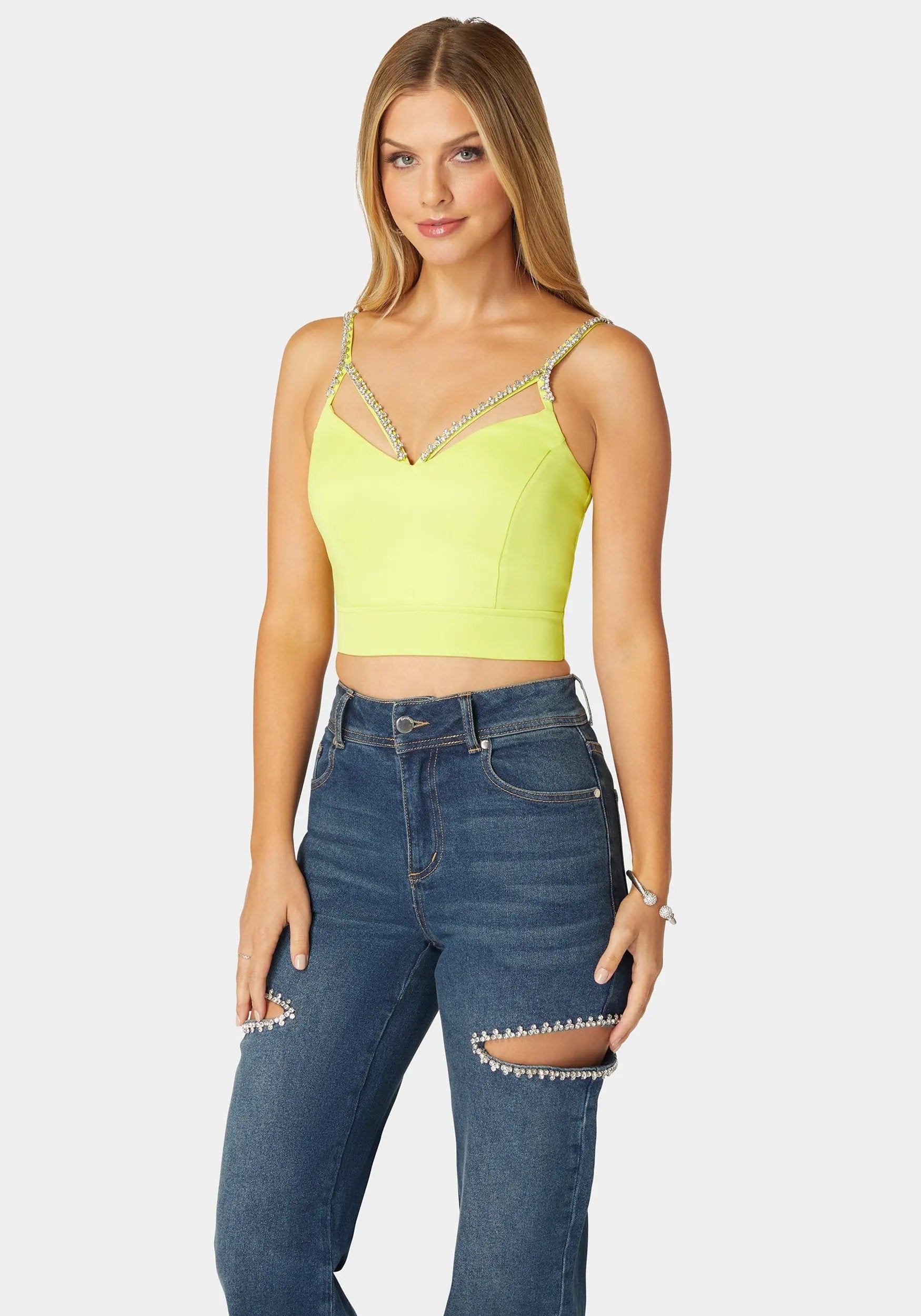 Rhinestone Trim Sleeveless Knit Top_108533_CYBER LIME_01