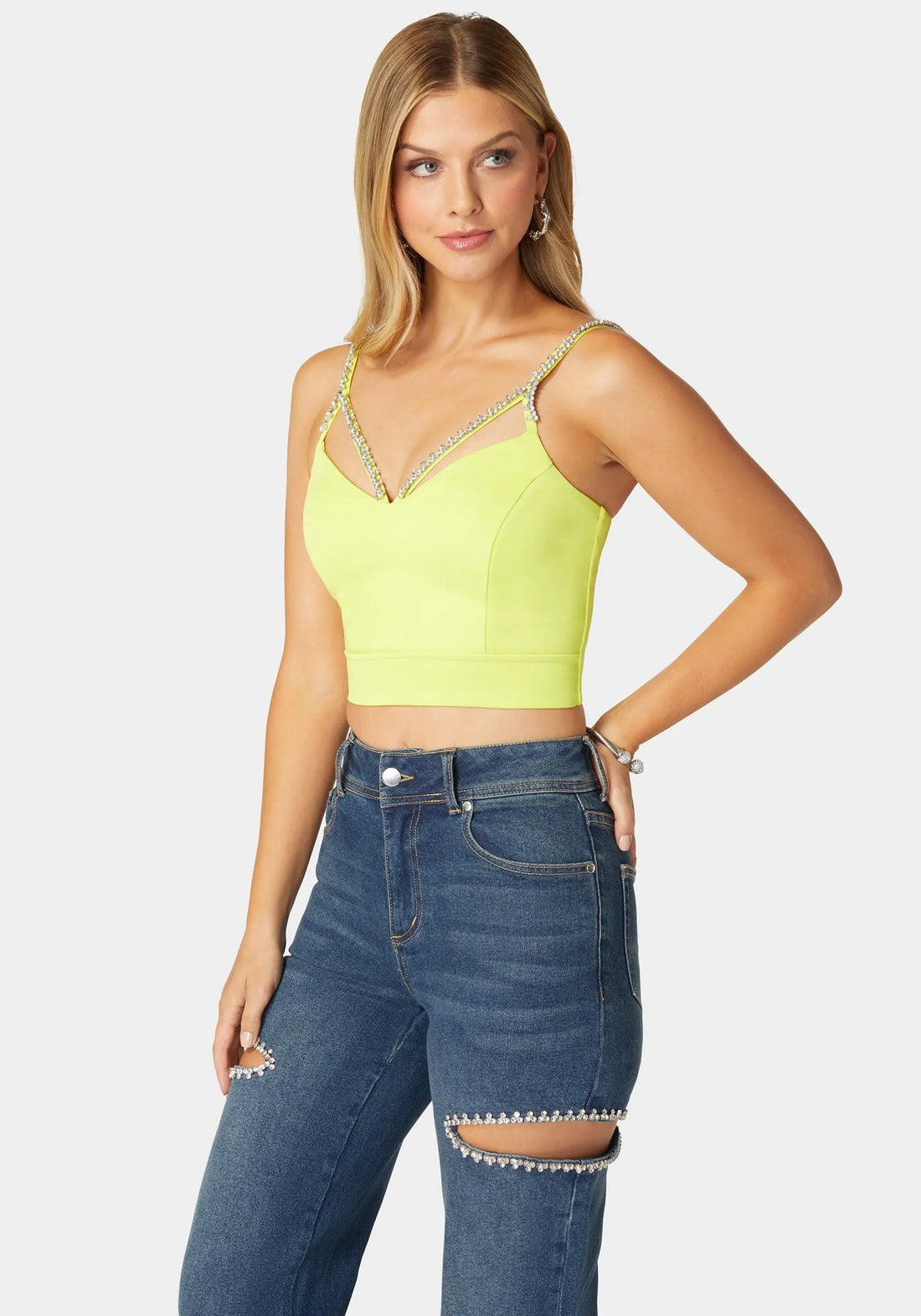 Rhinestone Trim Sleeveless Knit Top_108533_CYBER LIME_02