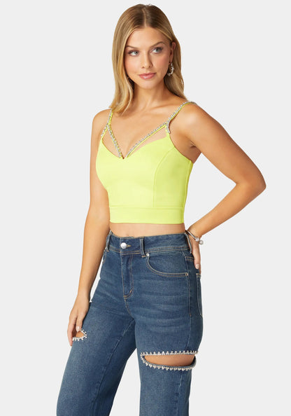 Rhinestone Trim Sleeveless Knit Top_108533_CYBER LIME_02