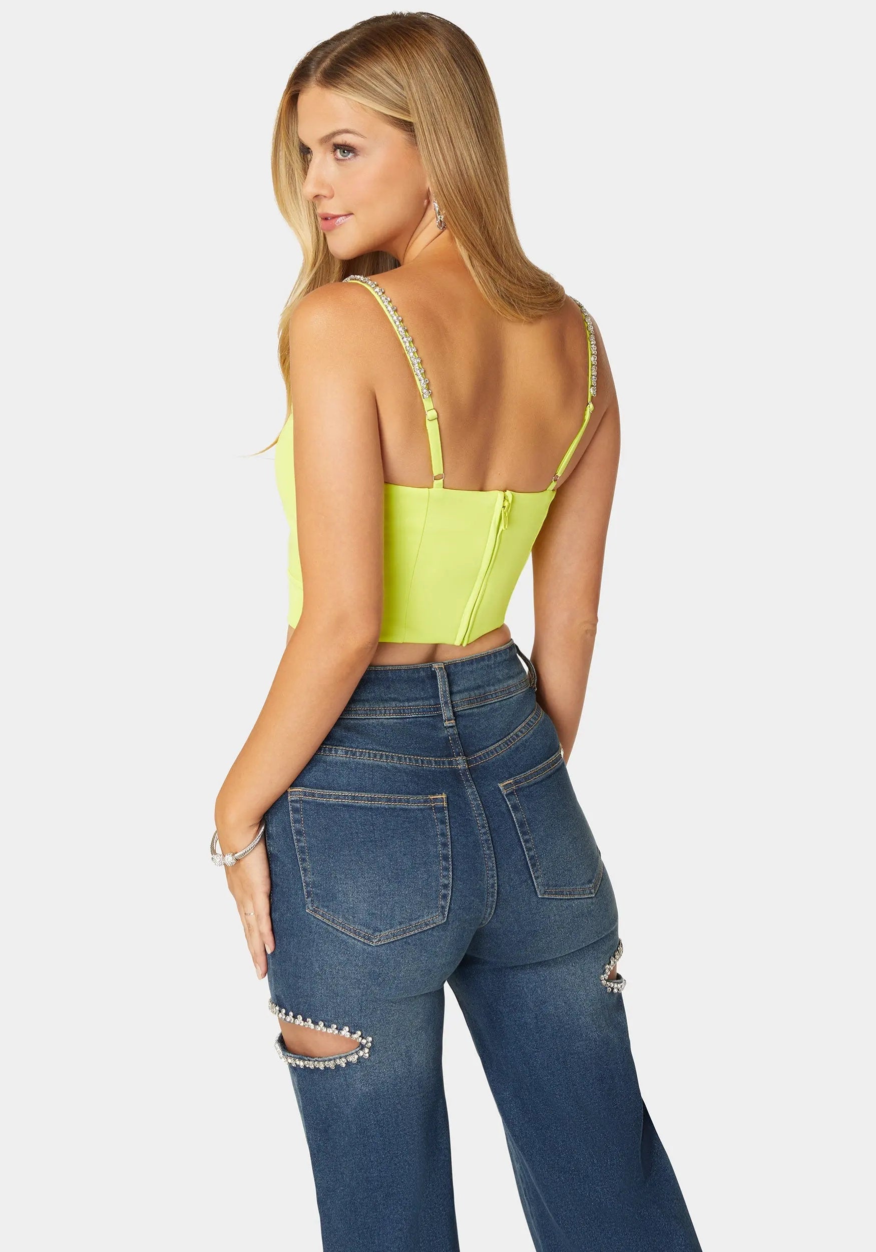 Rhinestone Trim Sleeveless Knit Top_108533_CYBER LIME_03