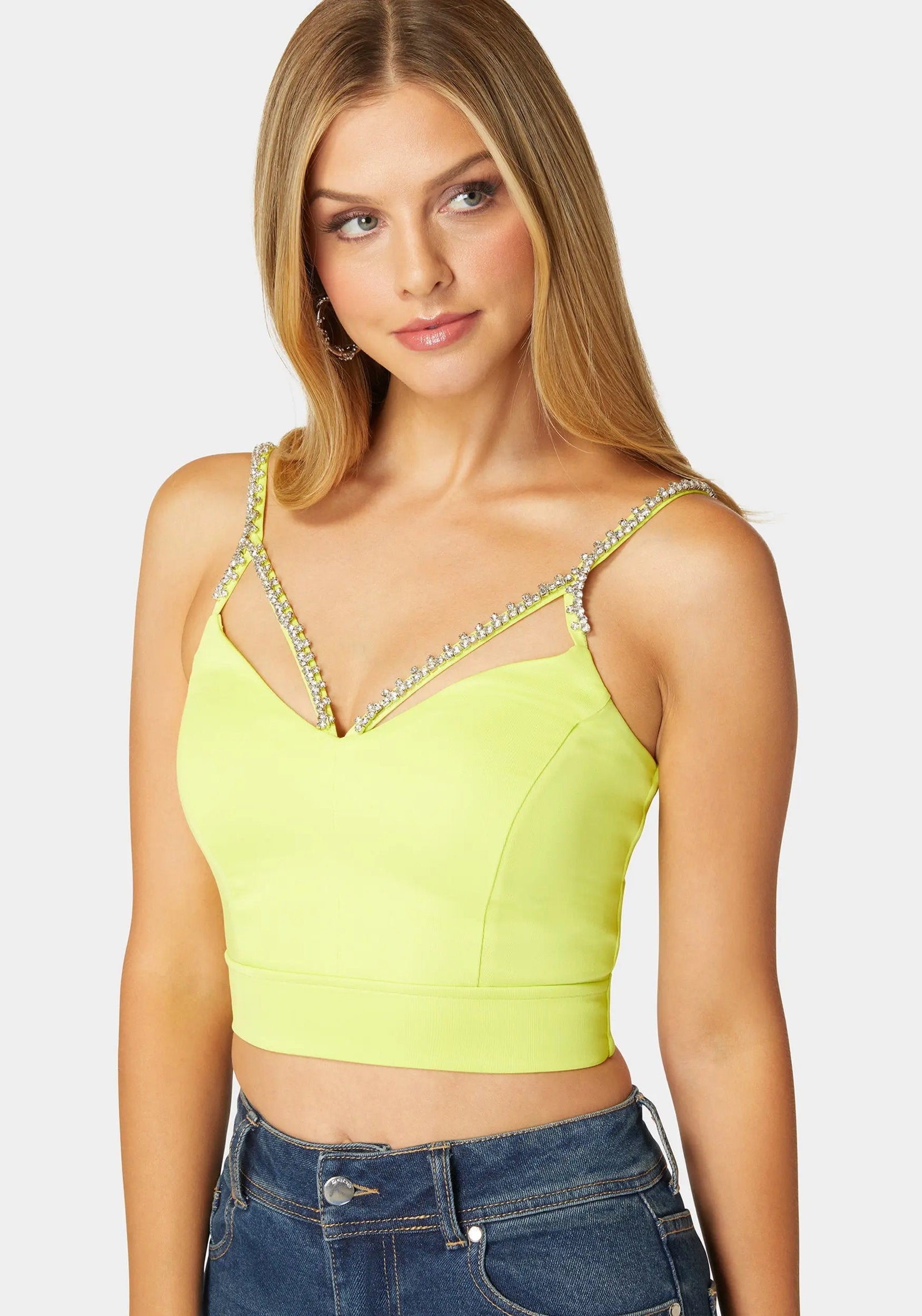 Rhinestone Trim Sleeveless Knit Top_108533_CYBER LIME_04