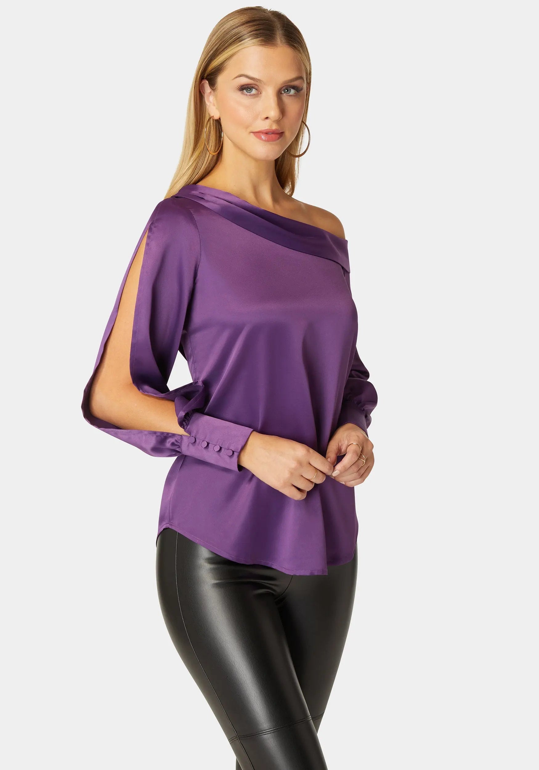 Asymmetrical Long Sleeve Slit Detail Satin Blouse_108536_IMPERIAL PURPLE_02