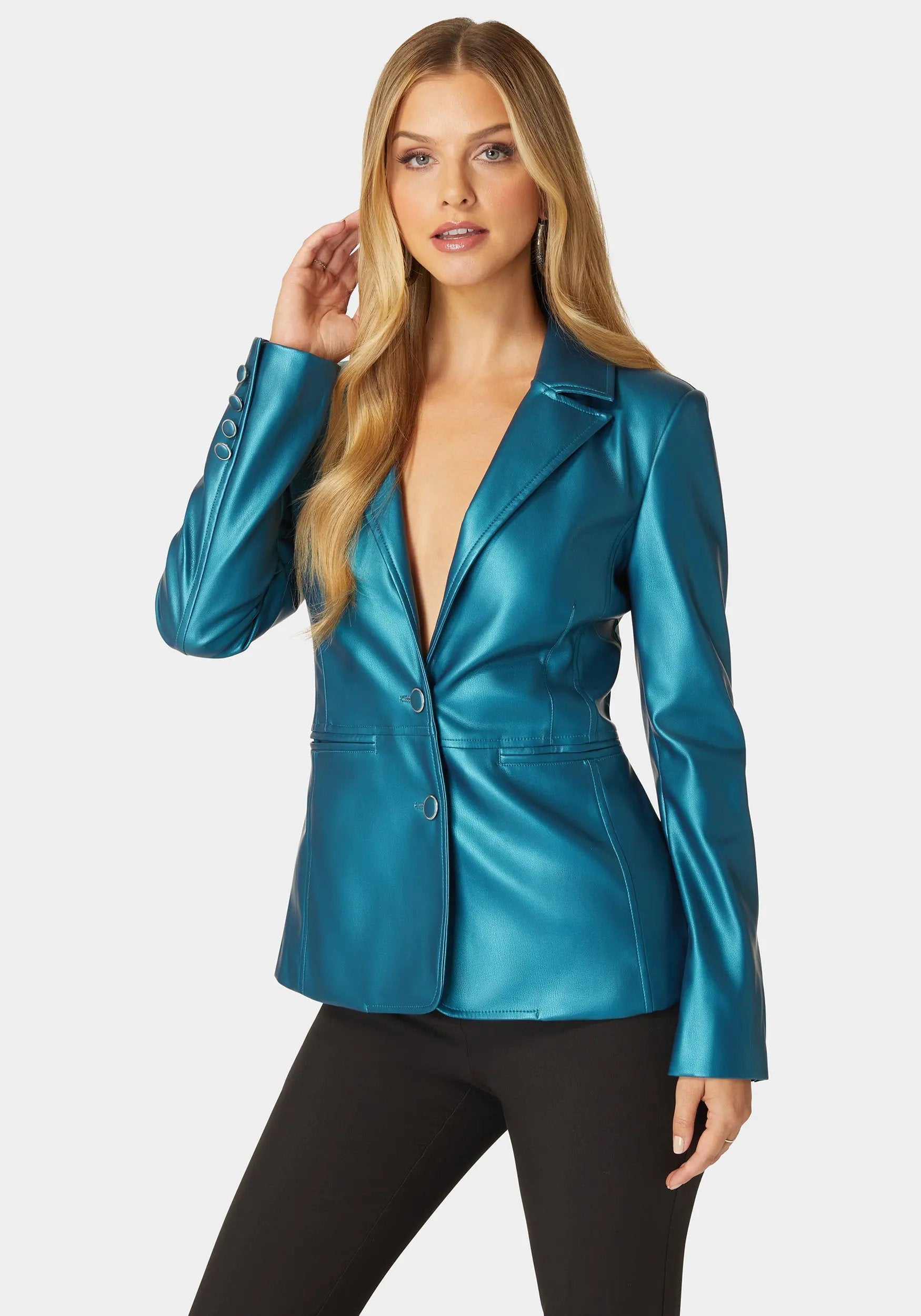 Tailored Metallic Vegan Leather Blazer_108538_DEEP LAGOON_01