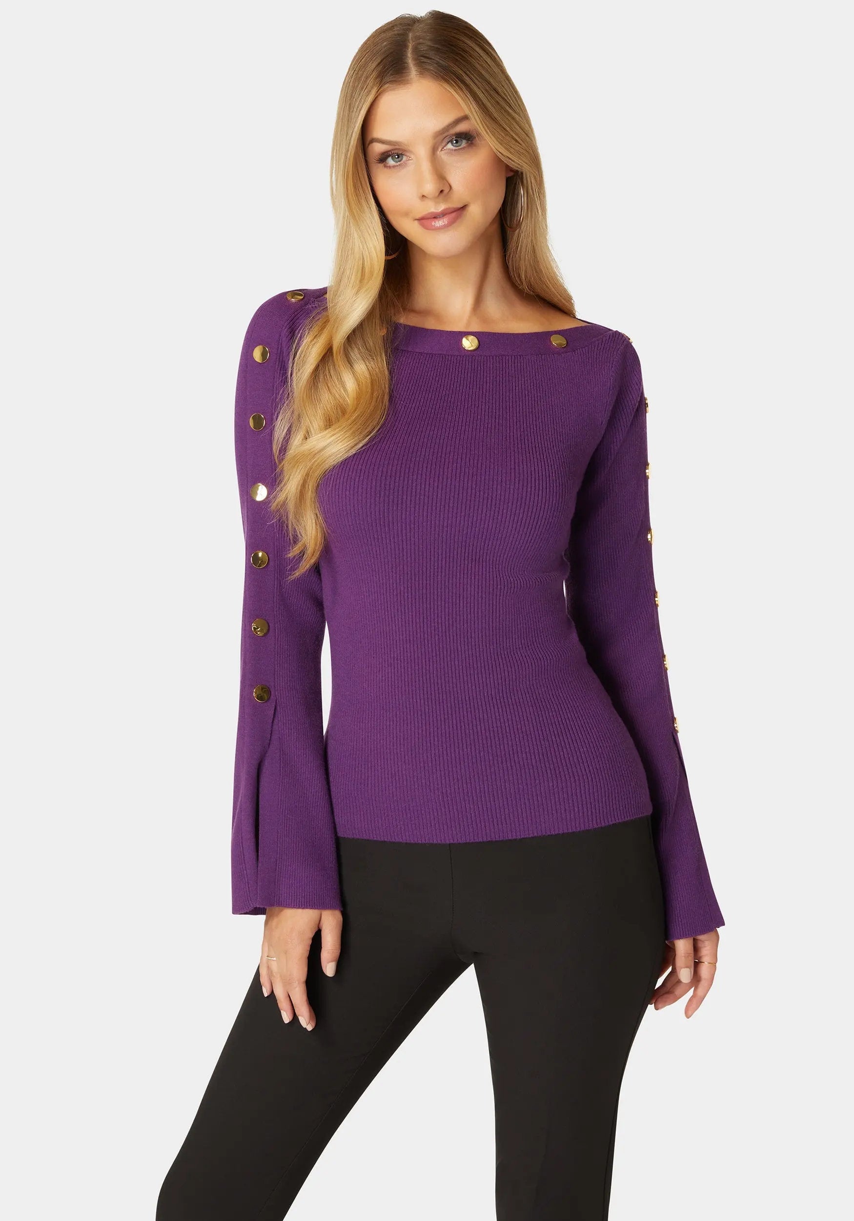 Off Shoulder Bateau Snapped Slit Sweater_108545_IMPERIAL PURPLE_01