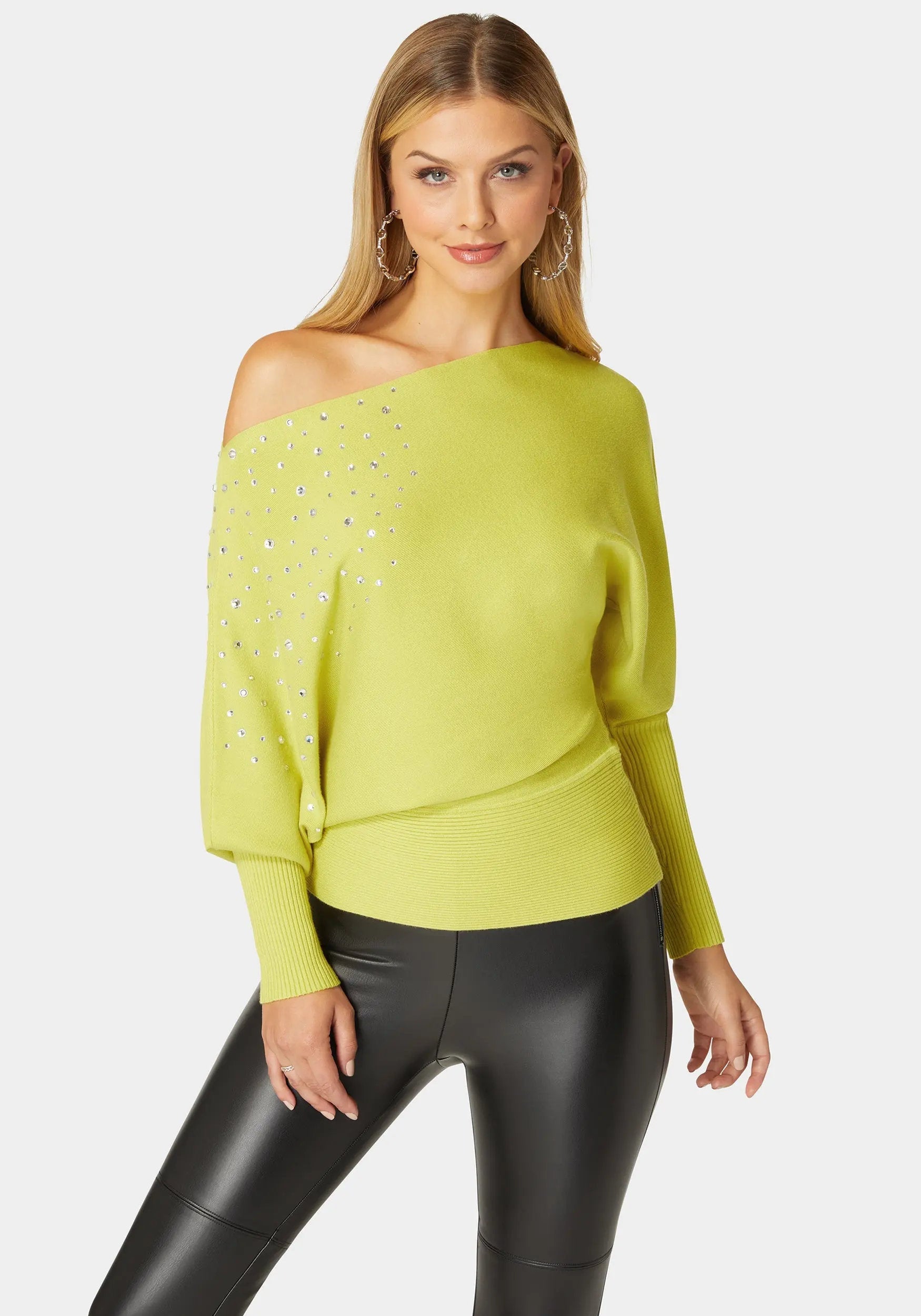 Off Shoulder Studded Dolman Sleeve Sweater_108546_CYBER LIME_01