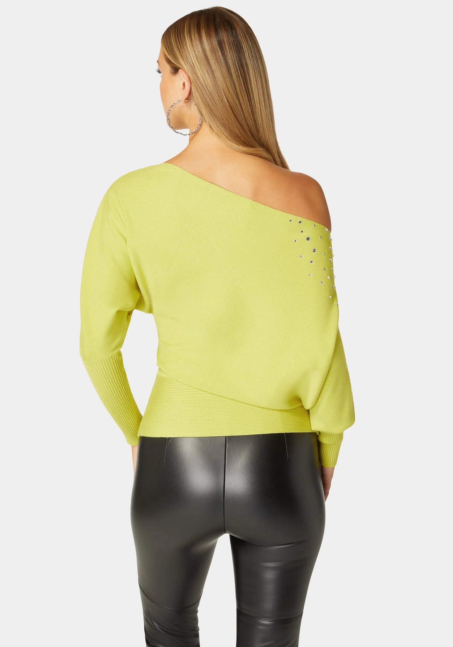 Off Shoulder Studded Dolman Sleeve Sweater_108546_CYBER LIME_03