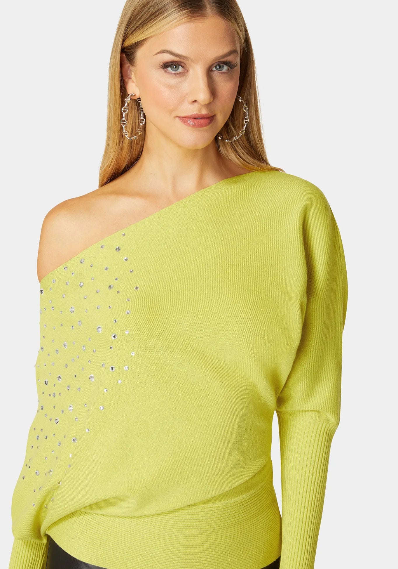 Off Shoulder Studded Dolman Sleeve Sweater_108546_CYBER LIME_04