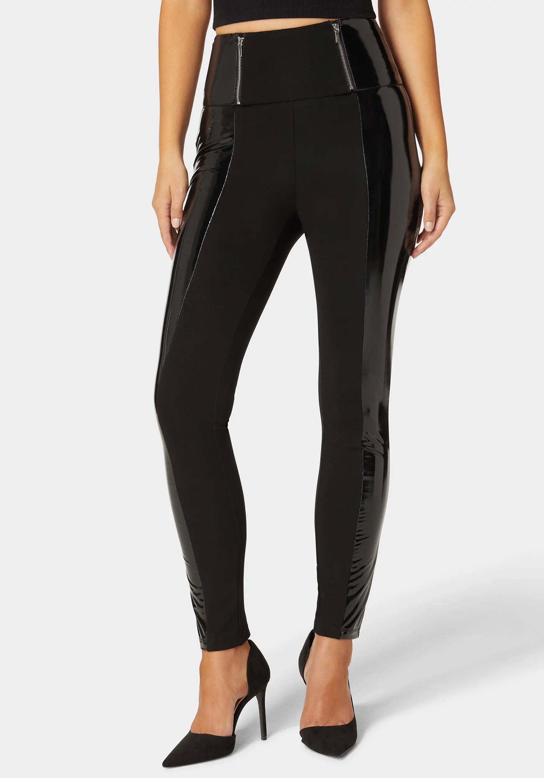 High Waist Zipper Detail Liquid Shine Combo Knit Legging_108552_BLACK_02