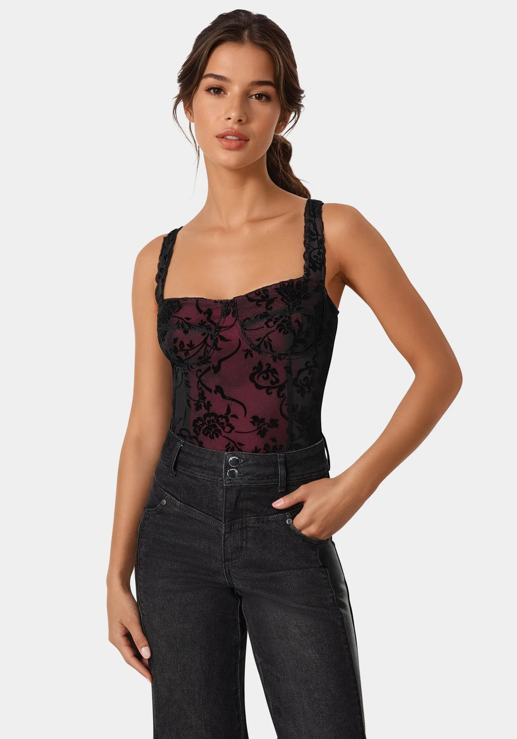 Flocked Mesh Bodysuit_108574_BIKING RED - BLACK_01