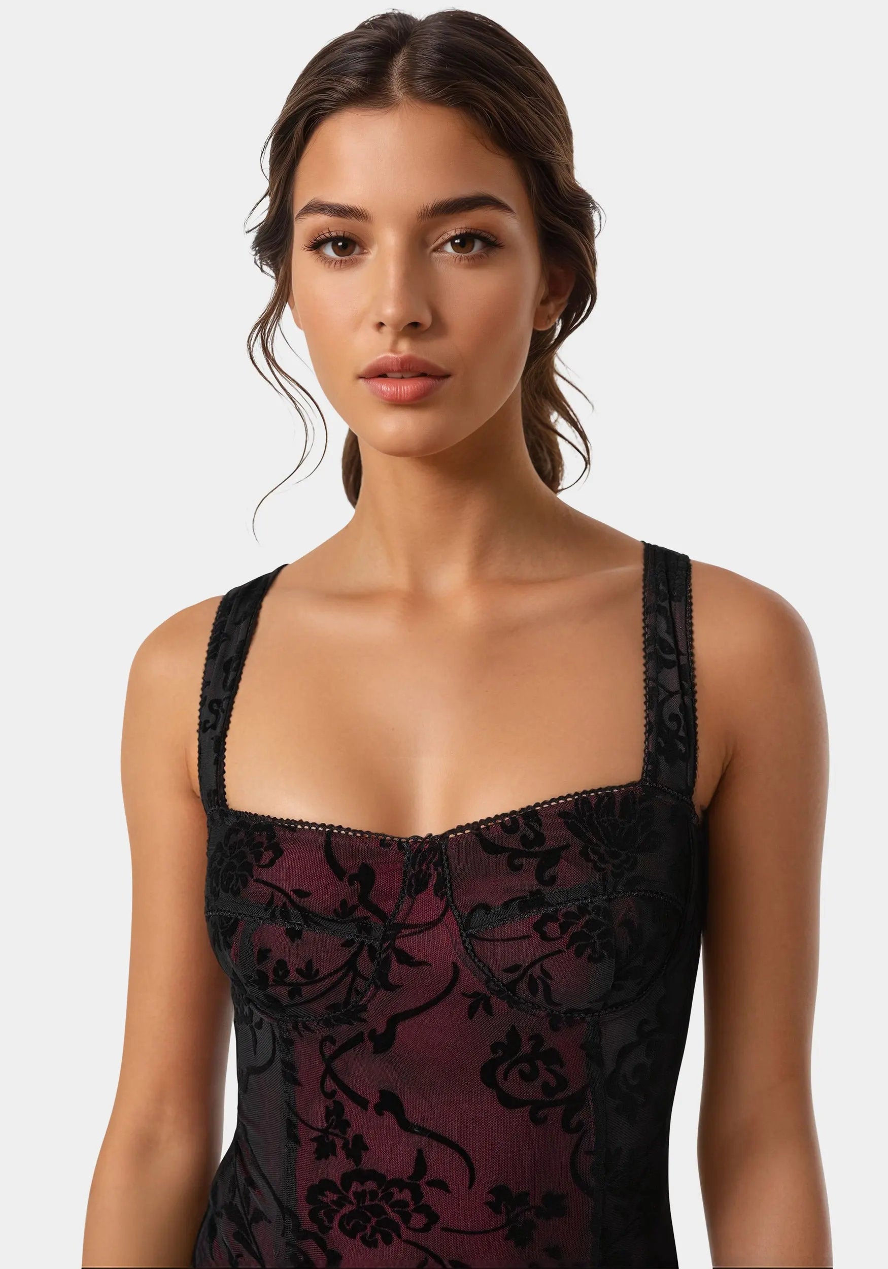 Flocked Mesh Bodysuit_108574_BIKING RED - BLACK_04