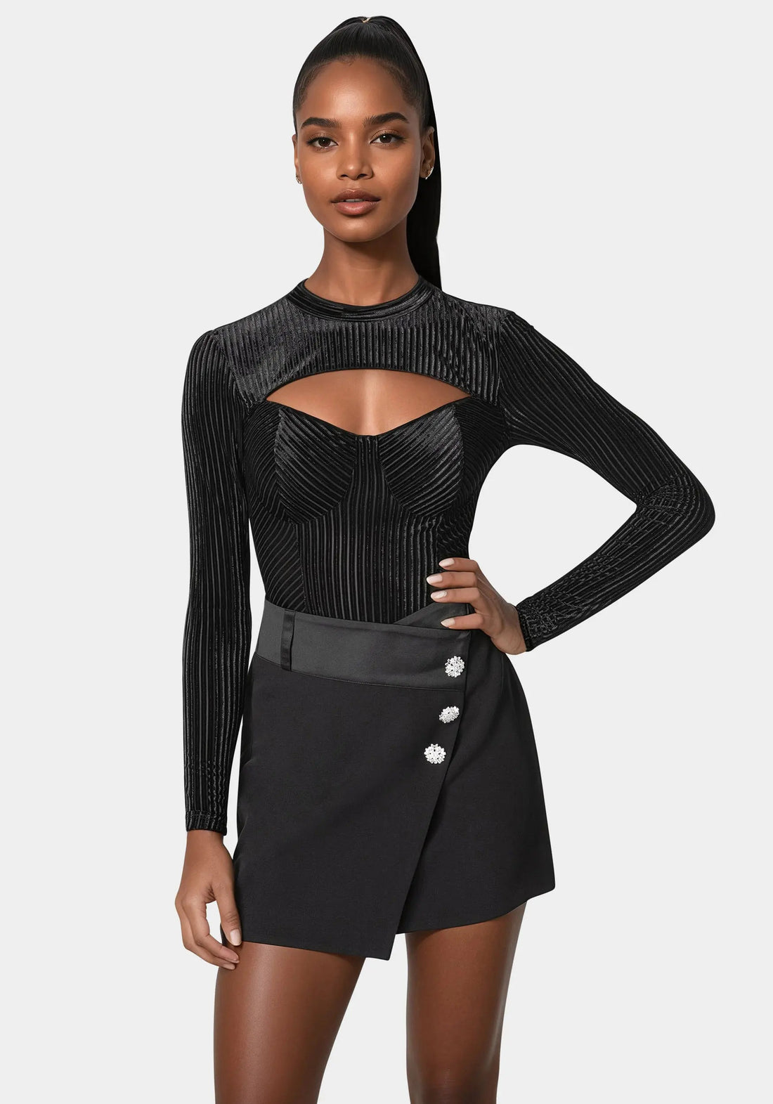 Shadow Stripe Velour Cutout Knit Bodysuit_108576_BLACK_01