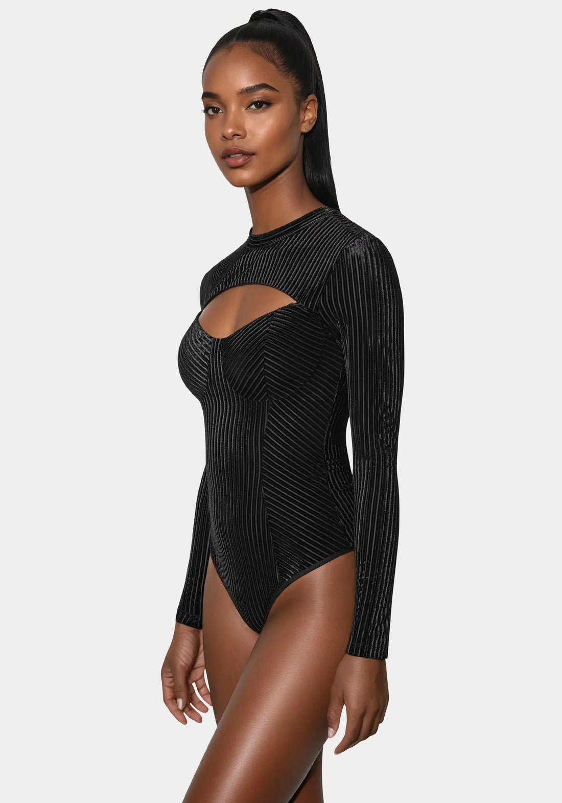 Shadow Stripe Velour Cutout Knit Bodysuit_108576_BLACK_02